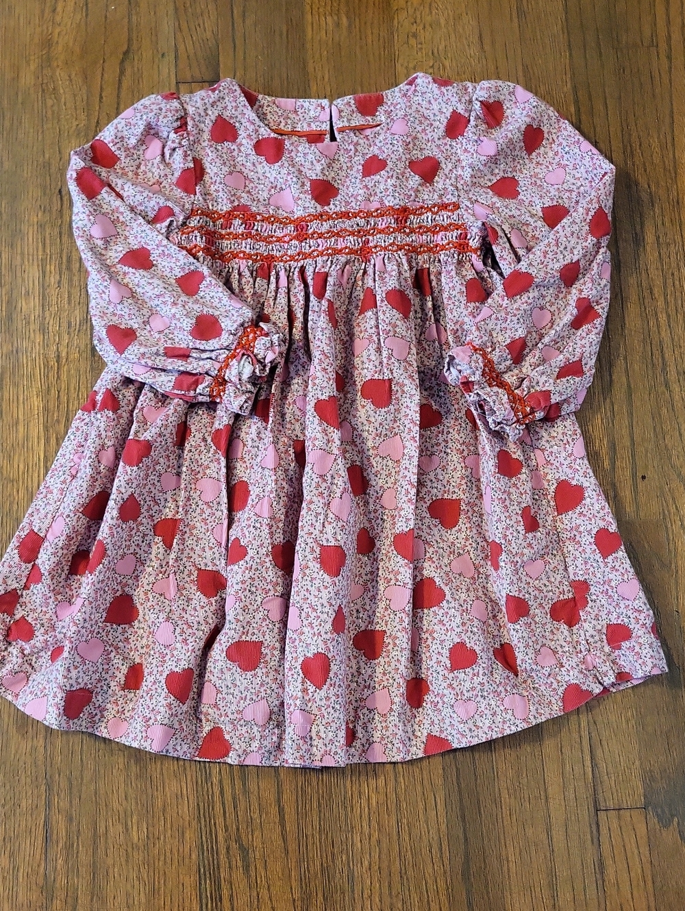 Mini Boden Pinwale Corduroy Pink Dress with Red and Light Pink Hearts